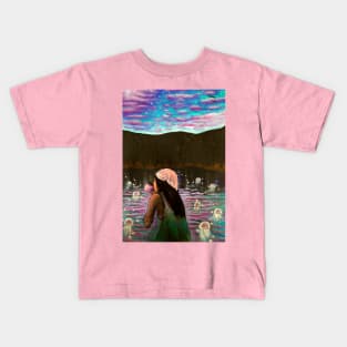 Girl enjoying coffee with a pink sunrise Kids T-Shirt